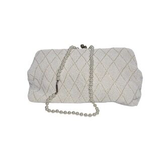 Vtg White Beaded Kiss Evening Bag Purse Japan Formal Glam Missing 1 rhinestone